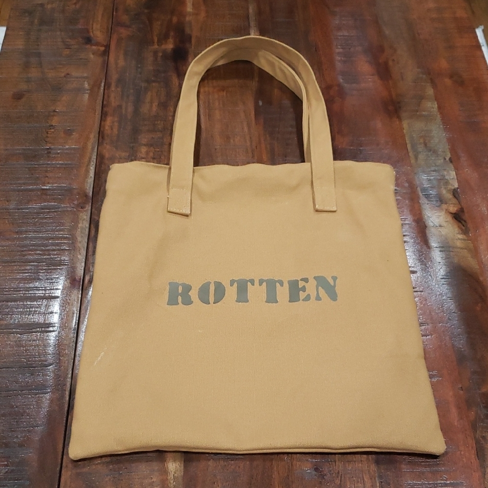 Tan Tote Bag with 'ROTTEN' Print